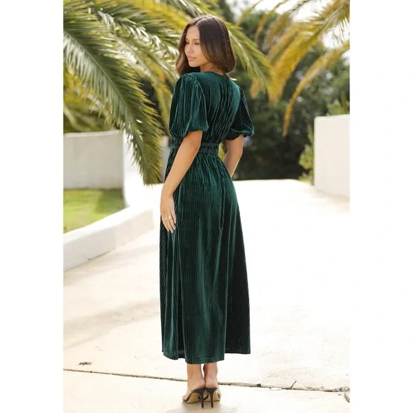 SISSYAKI Emerald Green Velvet Formal Maxi Dress V Neck Short Puff Sleeve XL - Picture 4 of 9